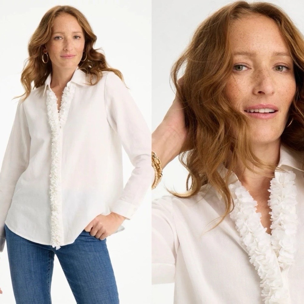 Chico's Linen Flower Embellished Blouse US Sz 4 Crinkle Resort Coastal Travel